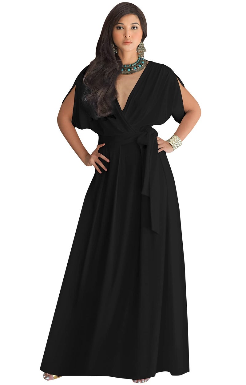 KOH KOH Plus Size Womens Long Formal Short Sleeve Cocktail Flowy V-Neck Casual Bridesmaid Wedding Party Guest Evening Cute Maternity Work Gown Gowns Maxi Dress Dresses, Black XL 14-16 - Image 1
